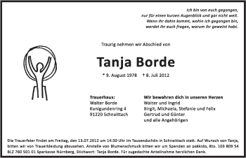Traueranzeige von Tanja Borde von Pegnitz-Zeitung